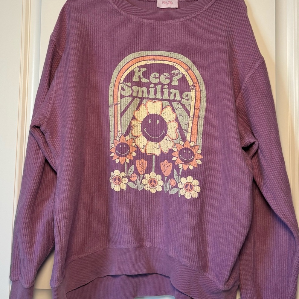 Pink Lily Keep Smiling Graphic Pullover Corded Sweatshirt  - Purple
